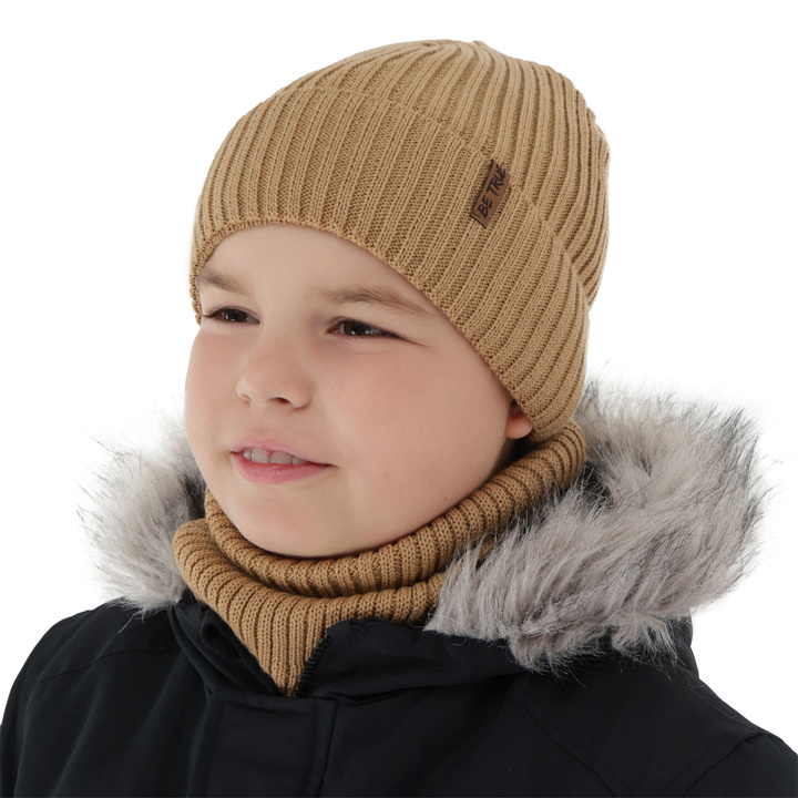 Bonnet et snood doublé de polaire garçon, d'hiver, camel, avec laine mérinos, Colton