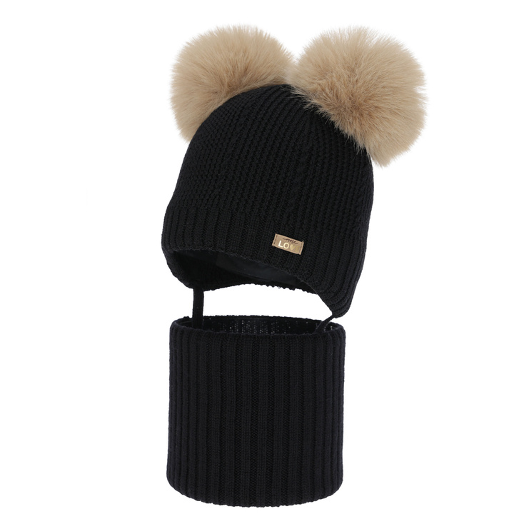 Ensemble bonnet et tour de cou fille, hiver, noir, 100% laine mérinos, doublé polaire laine, Lumia