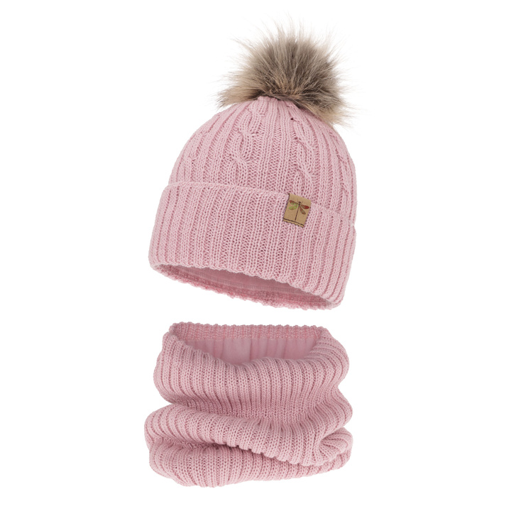 Ensemble d'hiver fille: bonnet et snood, rose, avec pompon, Aprilia