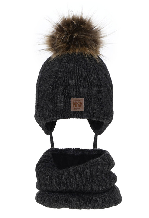 Ensemble d'hiver garçon: bonnet et snood, gris foncé, avec pompon, Casper