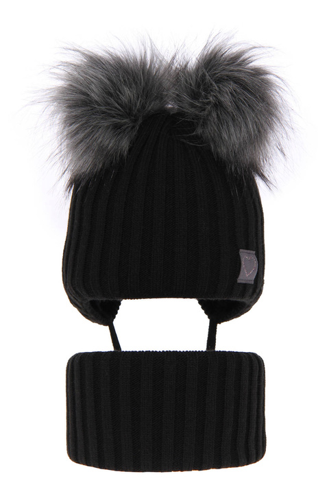 Ensemble d'hiver fille: bonnet et snood, noir, avec deux pompons, avec liens, Telisa