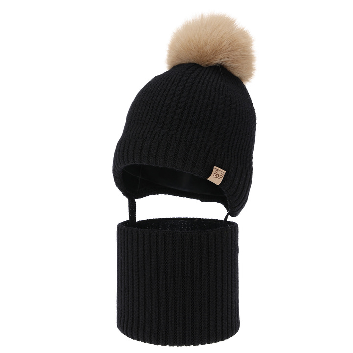 Bonnet et snood pour fille ensemble d'hiver, noir, 100% Laine Mérinos, doublé de polaire en laine, avec liens Danielle