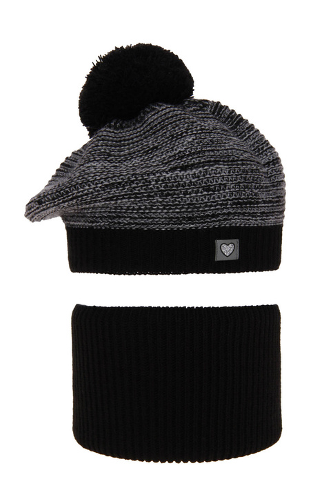 Ensemble d'hiver fille: béret et snood, noir, avec pompon, Lira