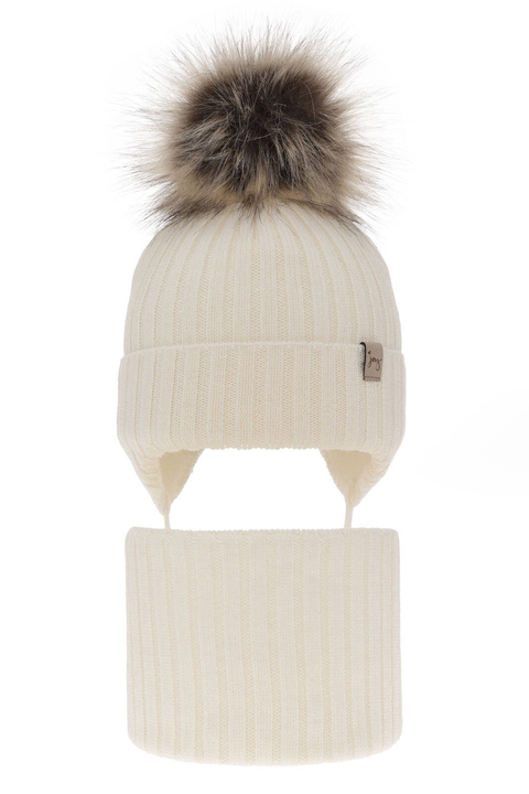 Ensemble d'hiver fille: bonnet et snood, crème, avec liens, avec laine mérinos, Junika