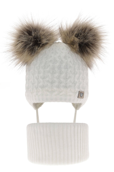 Ensemble d'hiver fille: bonnet et snood, blanc, avec deux pompons, avec liens, Poliana