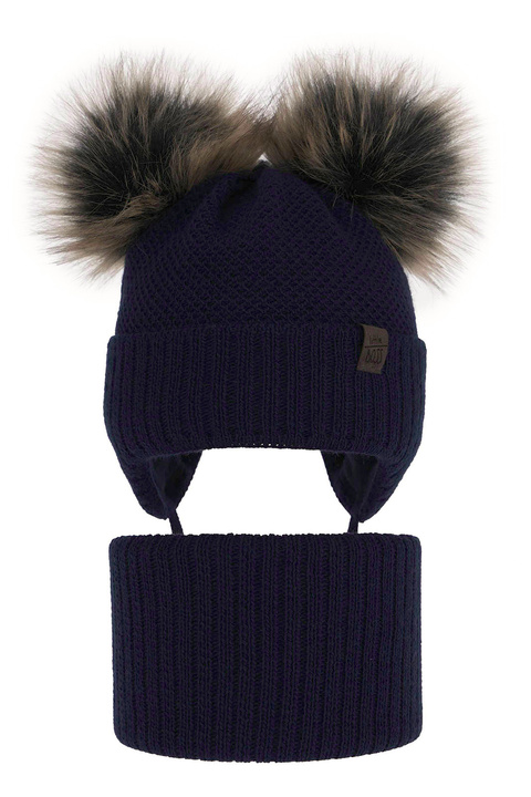Ensemble d'hiver garçon: bonnet et snood, bleu marine, avec deux pompons, Randel