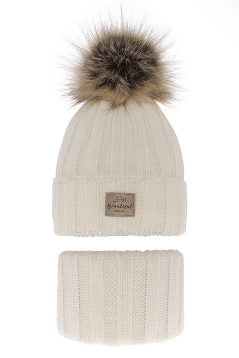 Ensemble d'hiver fille: bonnet et snood, crème, avec pompon, Kaliope