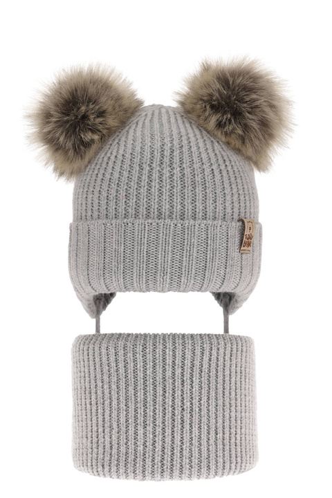 Ensemble d'hiver garçon: bonnet et snood, gris, avec liens, 100% Laine Mérinos Extrafine, Konor
