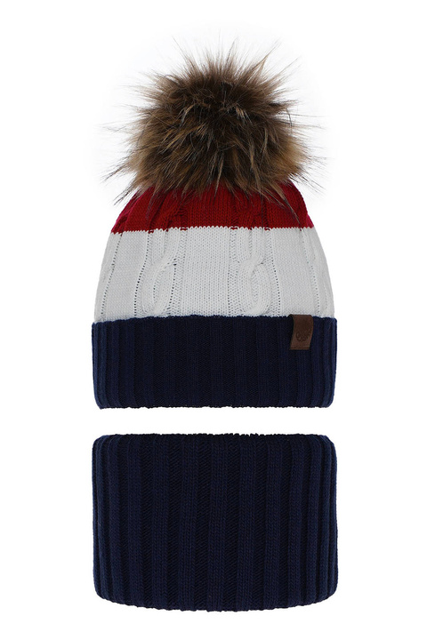 Ensemble d'hiver garçon: bonnet et snood, bleu marine, avec pompon, Karmel