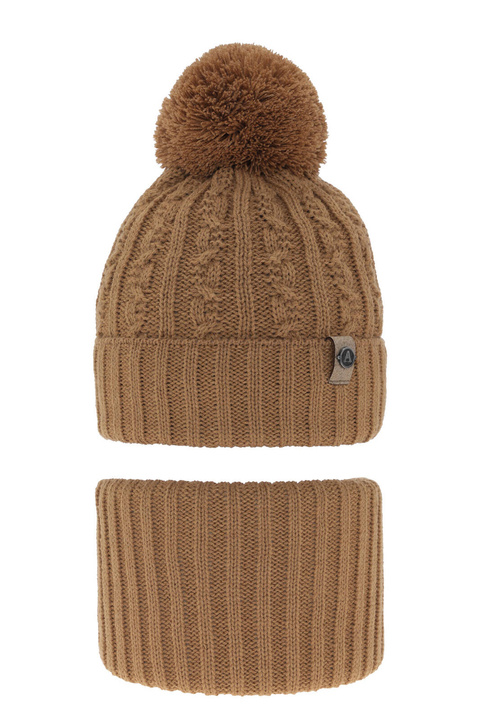 Ensemble d'hiver garçon: bonnet et snood, camel, avec pompon, Almond