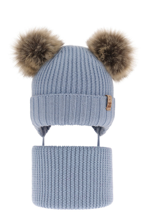 Ensemble d'hiver garçon: bonnet et snood, bleu, avec laine mérinos, avec liens, Konor