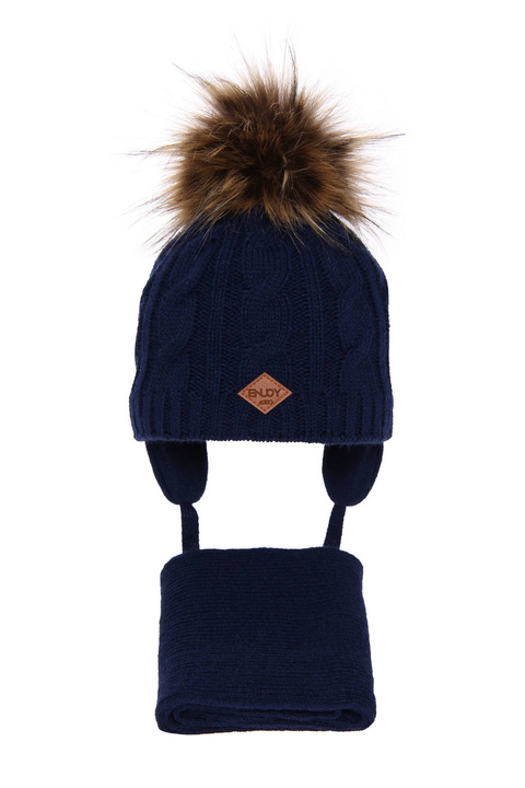 Ensemble d'hiver garçon: bonnet et écharpe, bleu marine, avec pompon, Minor