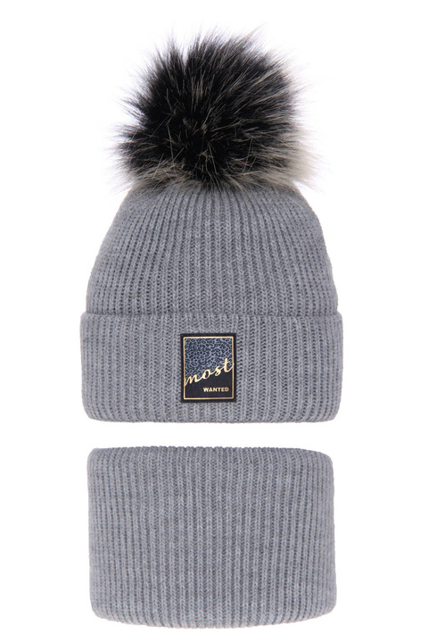 Ensemble d'hiver fille: bonnet et snood, gris, avec pompon, Sycylia