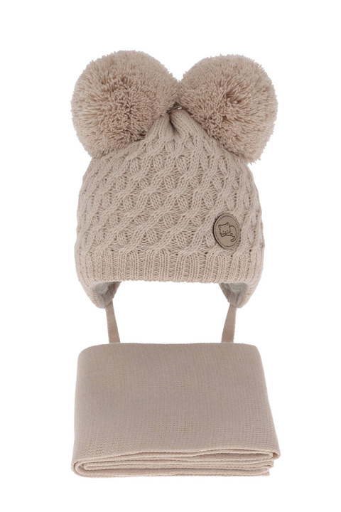 Ensemble d'hiver fille: bonnet et écharpe, beige, avec deux pompons, avec liens, Anava