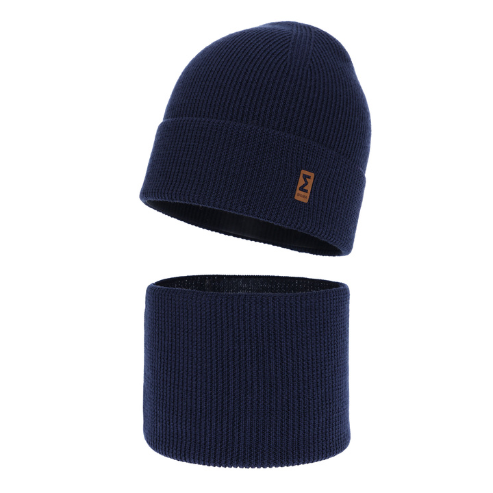 Ensemble automne/printemps garçon: bonnet et snood, bleu marine, avec laine mérinos, Bruce