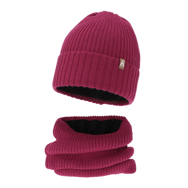 Ensemble d'hiver fille: bonnet et snood, amarantowy, avec laine mérinos, doublé de polaire, Peggy