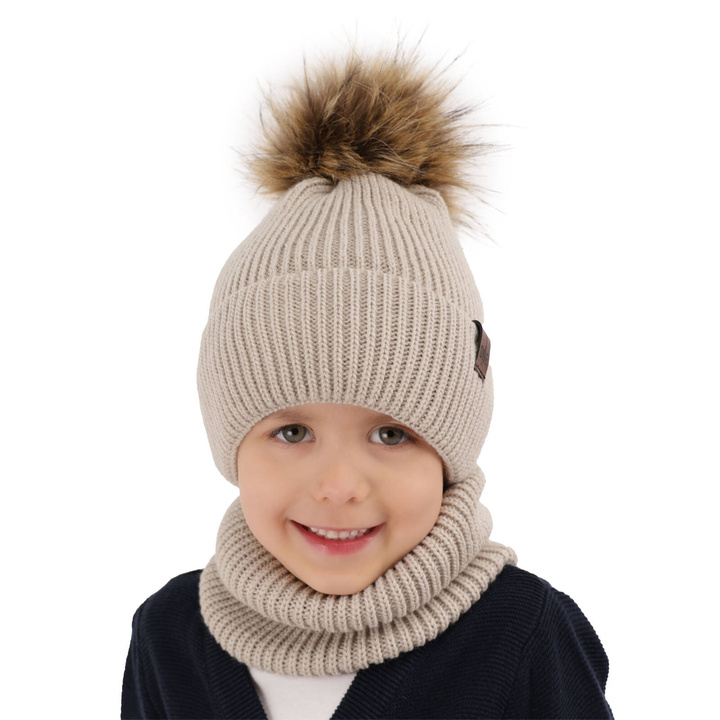Ensemble d'hiver garçon: bonnet et snood, beige, avec pompon, Modus