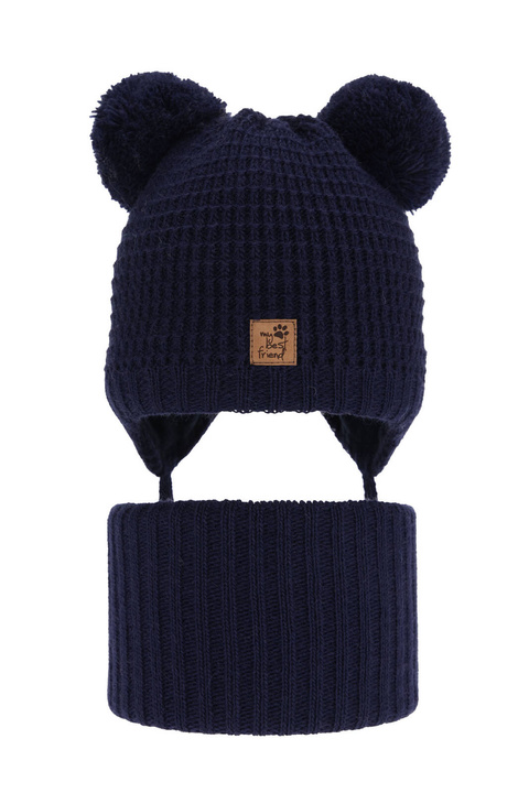 Ensemble d'hiver garçon: bonnet et snood, bleu marine, avec liens, avec deux pompons, Krispi