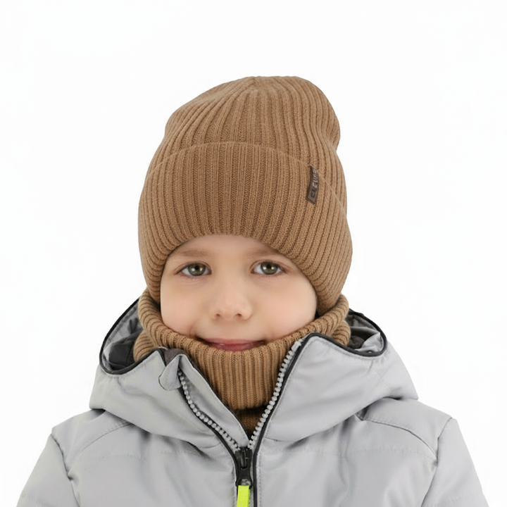 Ensemble d'hiver garçon: bonnet et snood, camel, avec laine mérinos, Gizmo