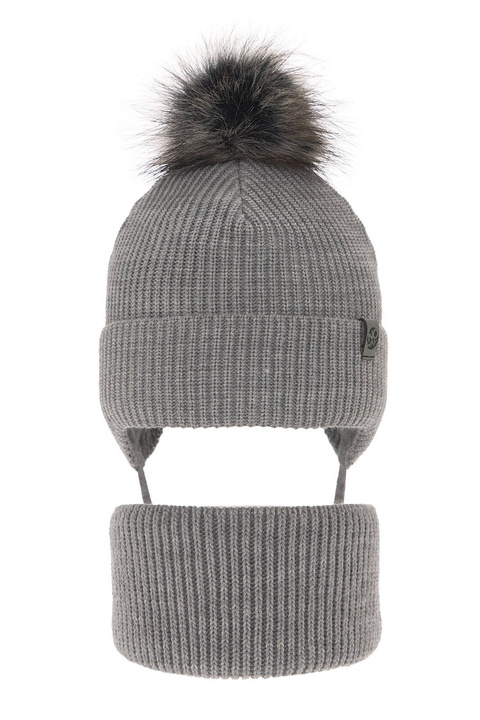 Ensemble d'hiver garçon: bonnet et snood, gris, avec pompon, avec liens, Honed
