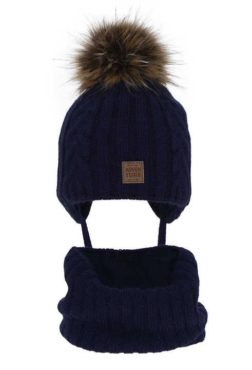 Ensemble d'hiver garçon: bonnet et snood, bleu marine, avec pompon, Casper