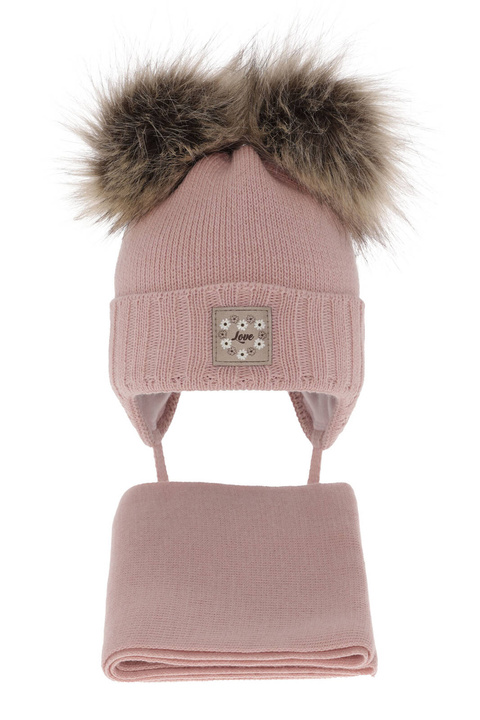 Ensemble d'hiver fille: bonnet et écharpe, rose, avec deux pompons, Jazz