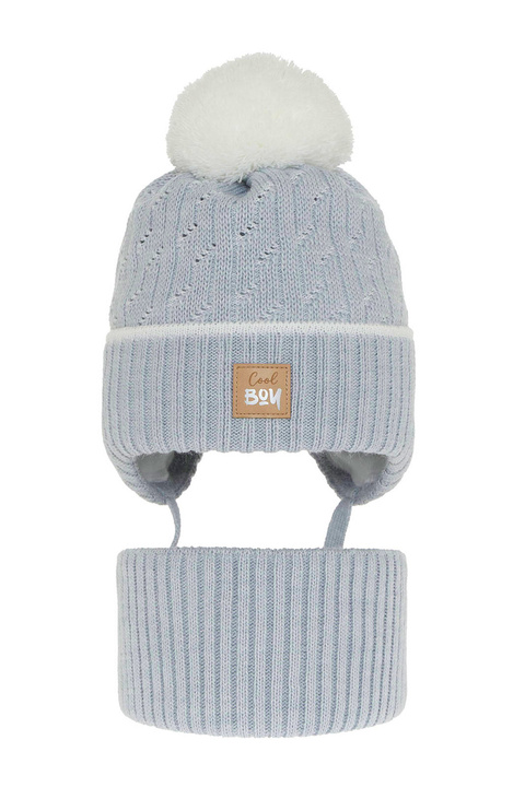 Ensemble d'hiver garçon: bonnet et snood, bleu clair, avec pompon, avec liens, Pikolo