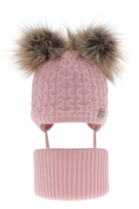 Ensemble d'hiver fille: bonnet et snood, rose, avec deux pompons, lié, Poliana