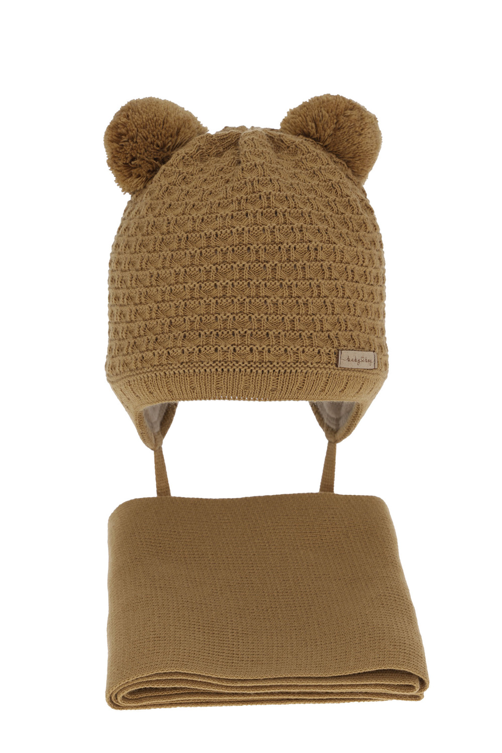 Ensemble d'hiver garçon: bonnet et écharpe, camel, avec deux pompons, avec liens, Franki