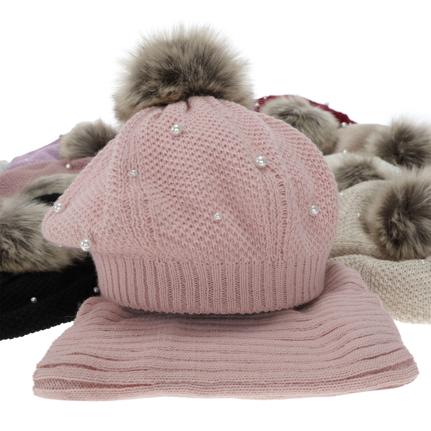 Ensemble d'hiver fille: béret et snood, doublé de polaire, beige, avec pompon, Jeanette