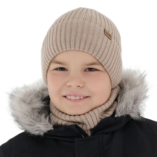 Ensemble d'hiver garçon: bonnet et snood, beige, 100% Laine Mérinos, avec doublure en laine mérinos, Domin