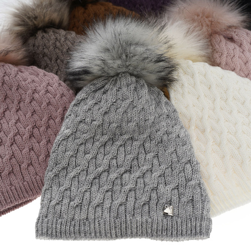 Bonnet d'hiver femme, camel, avec pompon, Kaskada