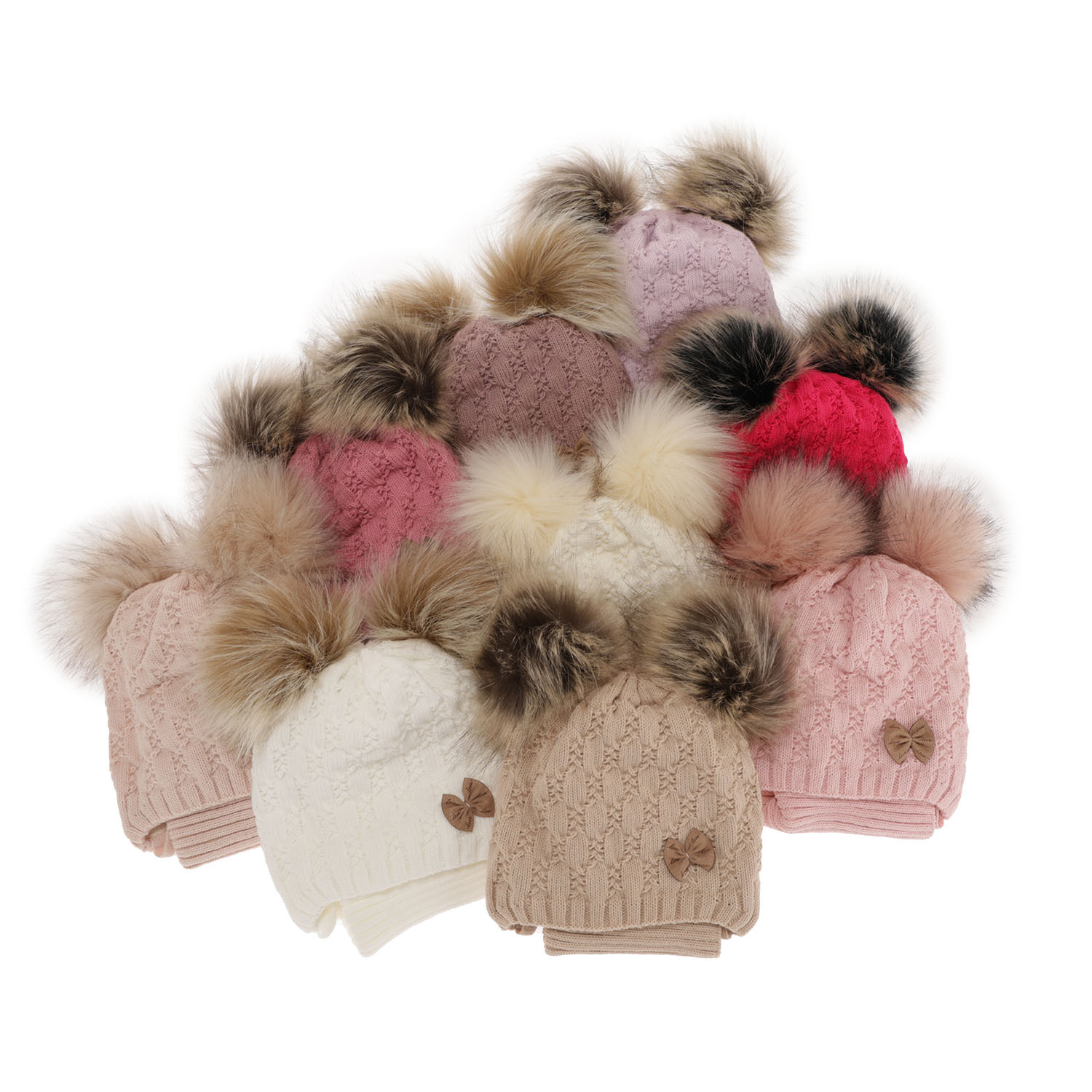 Ensemble d'hiver fille: bonnet et snood, rose, avec deux pompons, wiązany, Bettina