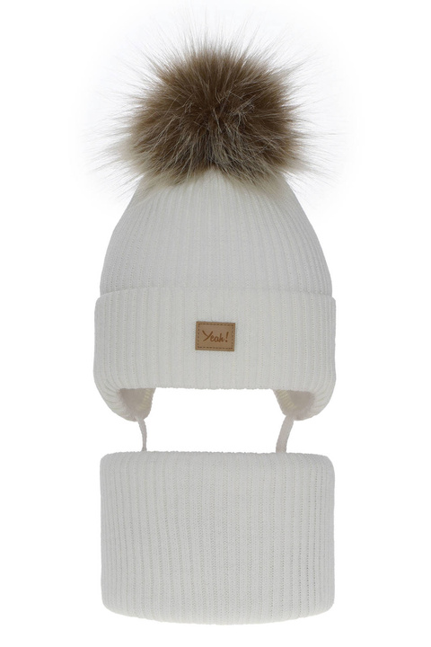 Ensemble d'hiver fille: bonnet et snood, blanc, avec pompon, Dilajla
