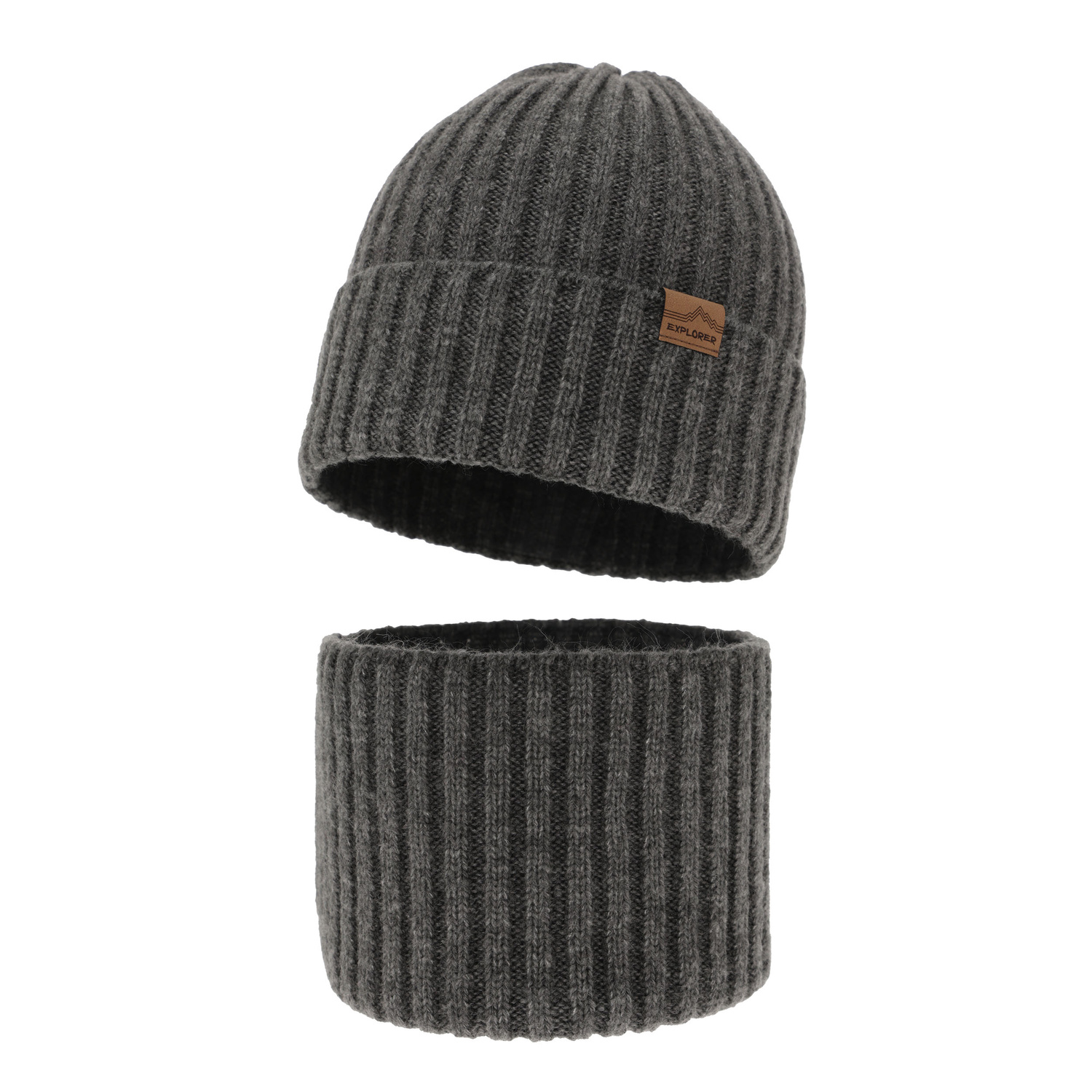 Ensemble d'hiver garçon: bonnet et snood, gris, avec laine mérinos, Karmin