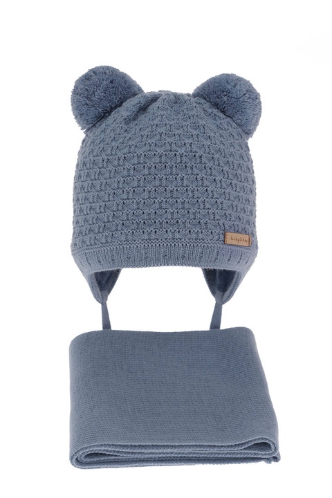 Ensemble d'hiver garçon: bonnet et écharpe, bleu, avec deux pompons, Franki