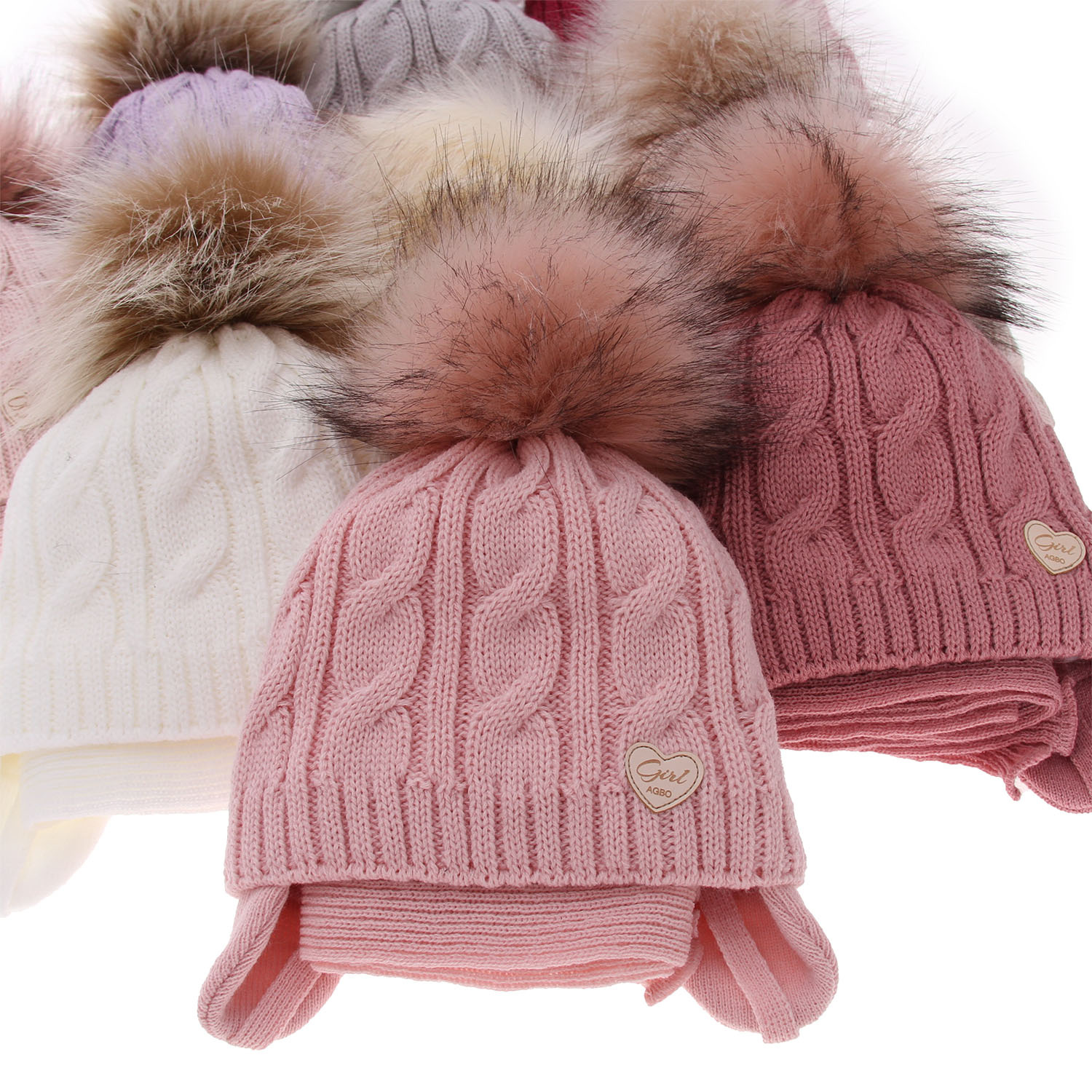 Ensemble d'hiver fille: bonnet et écharpe, rose, avec pompon, Morena
