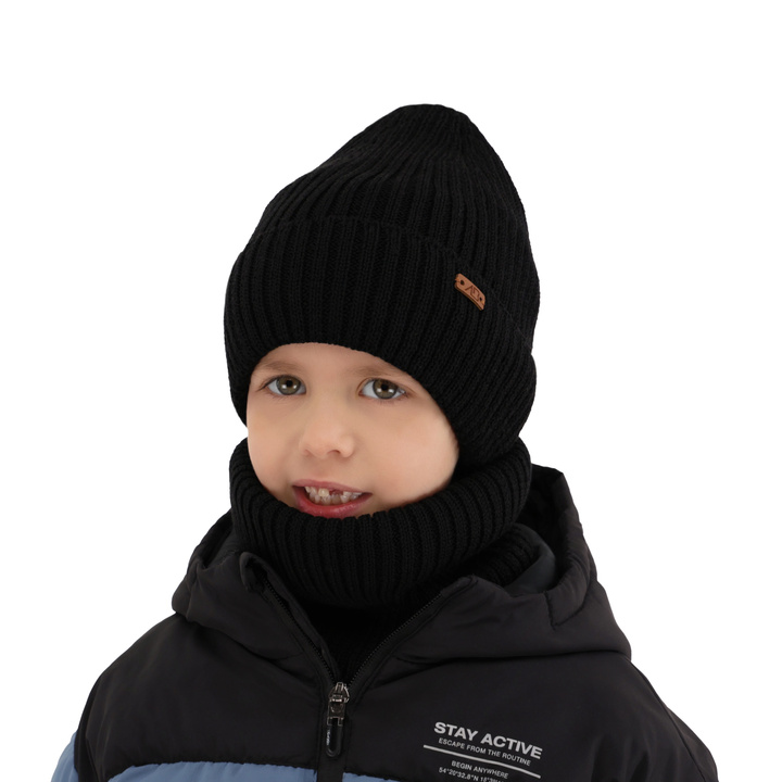 Ensemble d'hiver garçon: bonnet et snood, noir, doublé de polaire, avec laine mérinos, Palermo