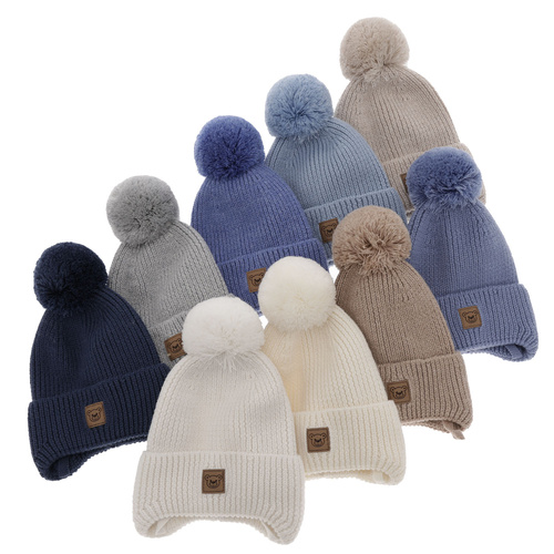 Bonnet d'hiver garçon, gris, avec laine mérinos, doublé de polaire, avec liens, Tofik