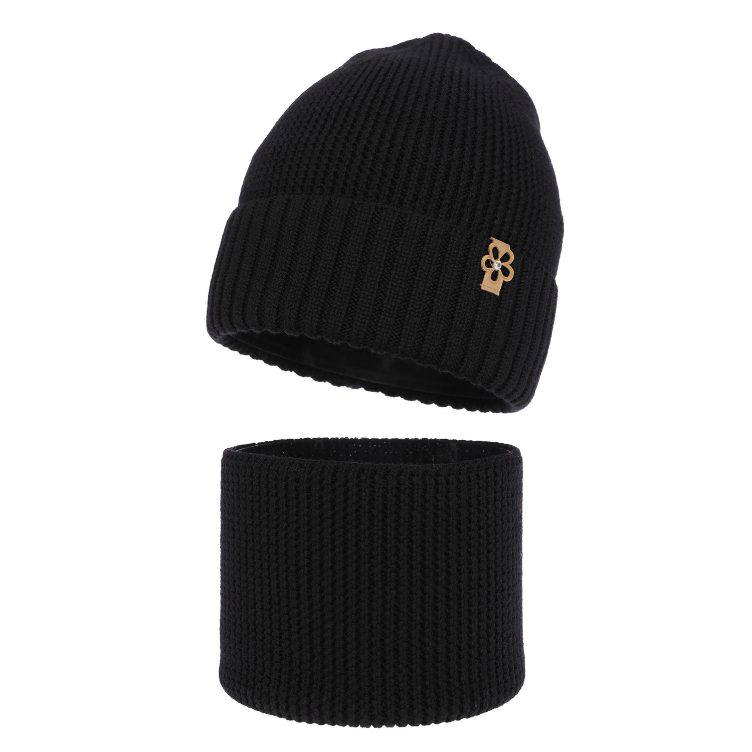 Ensemble d'hiver fille: bonnet et snood, noir, avec laine mérinos, Nelita