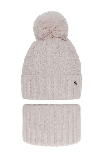 Ensemble d'hiver fille: bonnet et snood, rose clair, avec pompon, Maroko