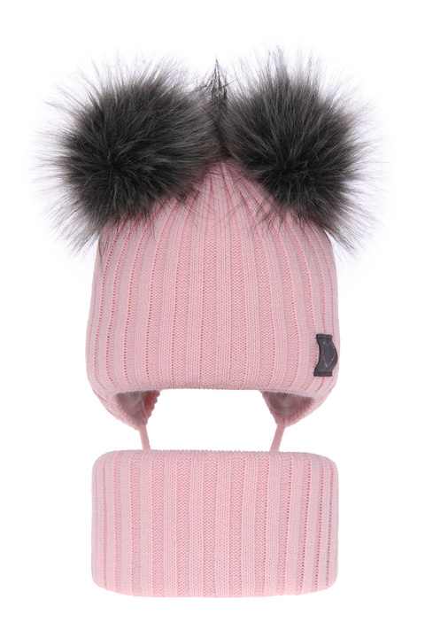 Ensemble d'hiver fille: bonnet et snood, rose, avec deux pompons, lié, Telisa