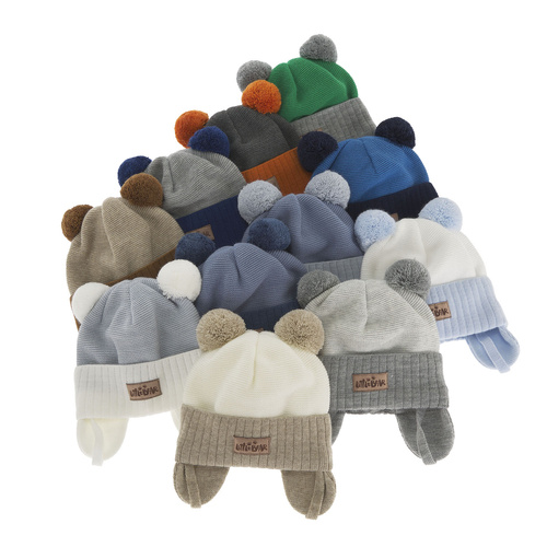 Bonnet automne/printemps garçon, bleu marine, avec deux pompons, avec liens, Gigant