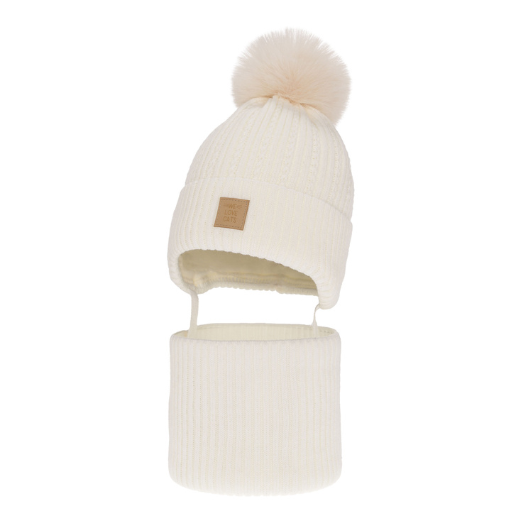 Ensemble d'hiver fille: bonnet et snood, crème, avec pompon, Betty