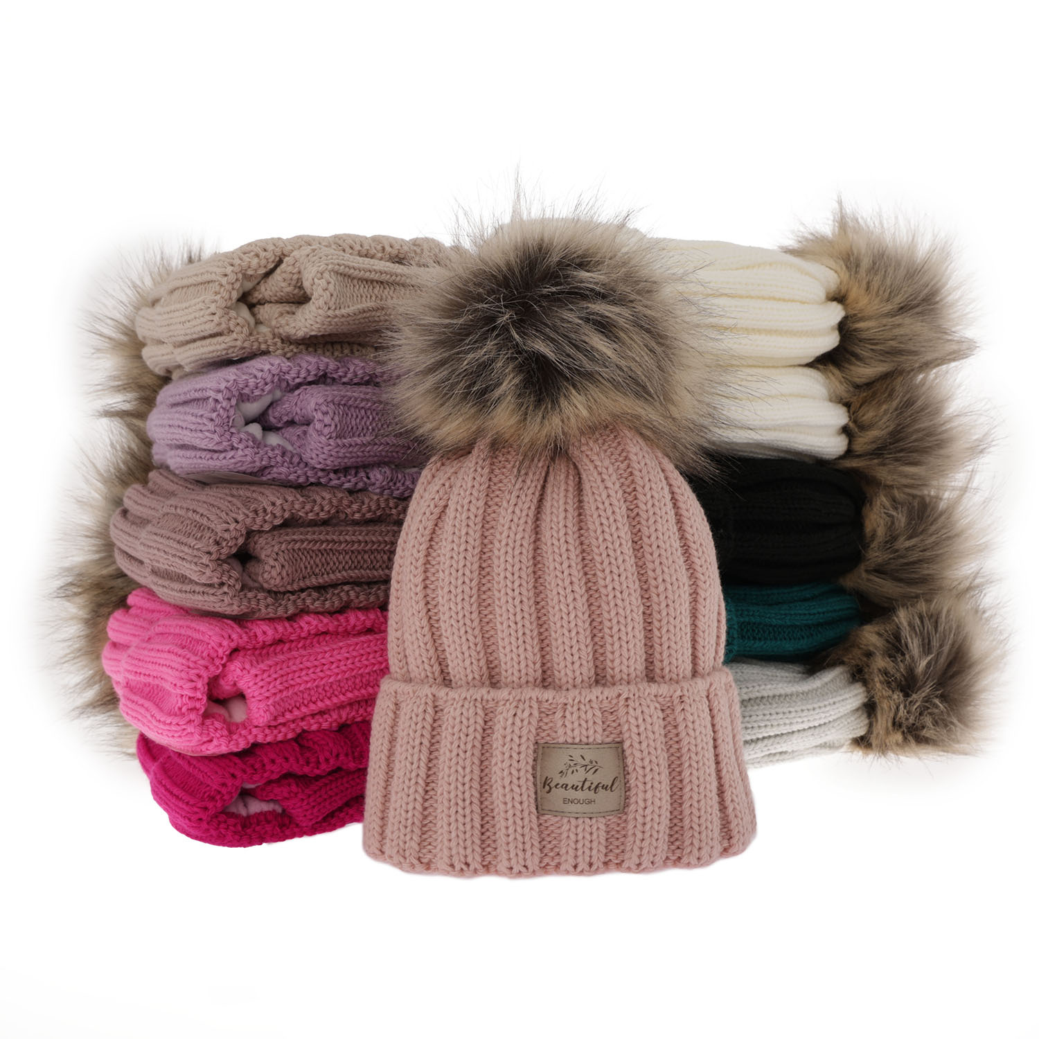 Ensemble d'hiver fille: bonnet et snood, blanc, avec pompon, Kaliope