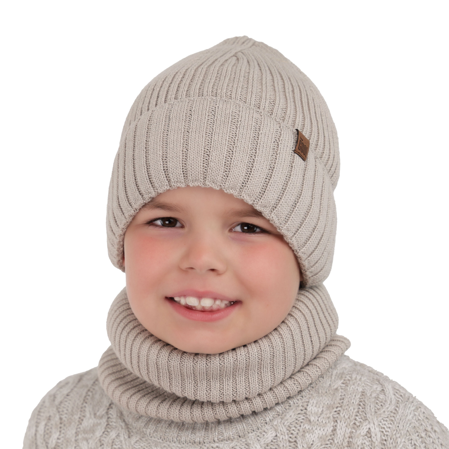 Ensemble d'hiver garçon: bonnet et snood, beige, avec laine mérinos, Metis