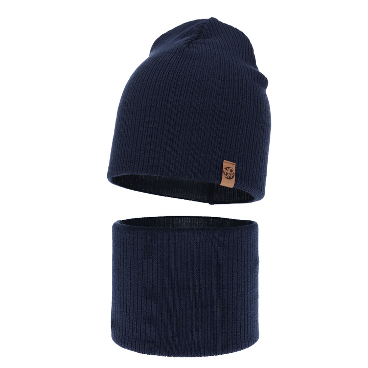 Ensemble automne/printemps garçon: bonnet et snood, 100% laine mérinos, bleu marine, Richi