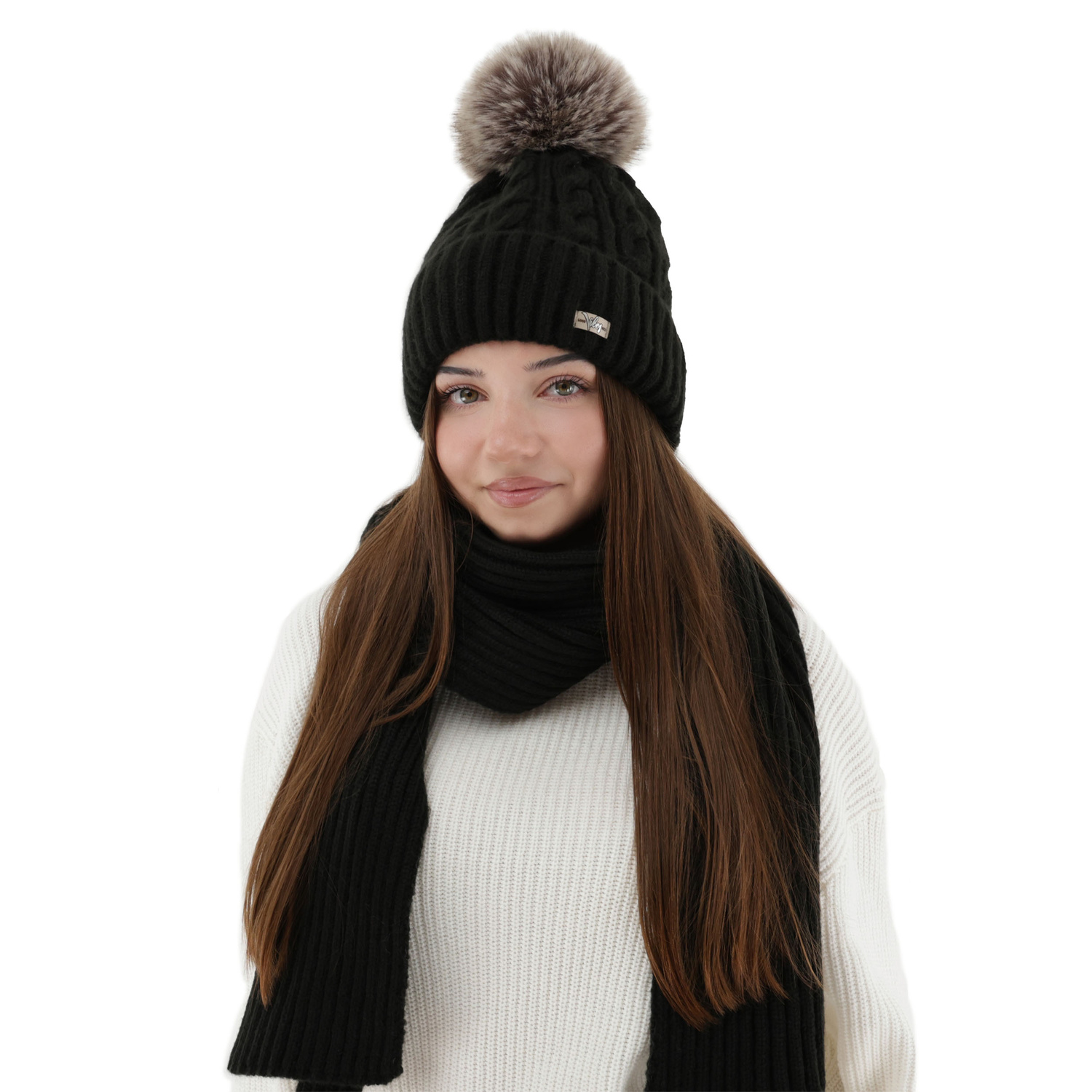 Ensemble d'hiver femme: bonnet et écharpe, noir, Lunetta