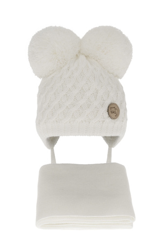 Ensemble d'hiver fille: bonnet et écharpe, blanc, avec deux pompons, avec liens, Anava