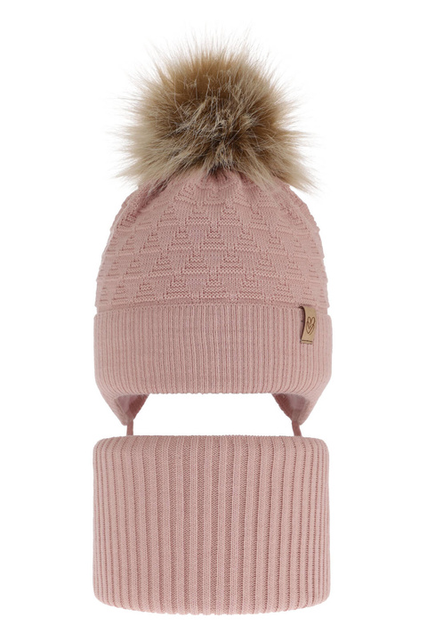 Ensemble d'hiver fille: bonnet et snood, rose, avec pompon, Egeria